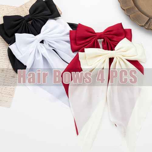 Hair Bows 4 PCS Ribbon Bow for Women, Ribbons, Oversized Long-tail Cute Aesthetic Accessories, Large Barrettes Girls£¨Wine red off white black white£©