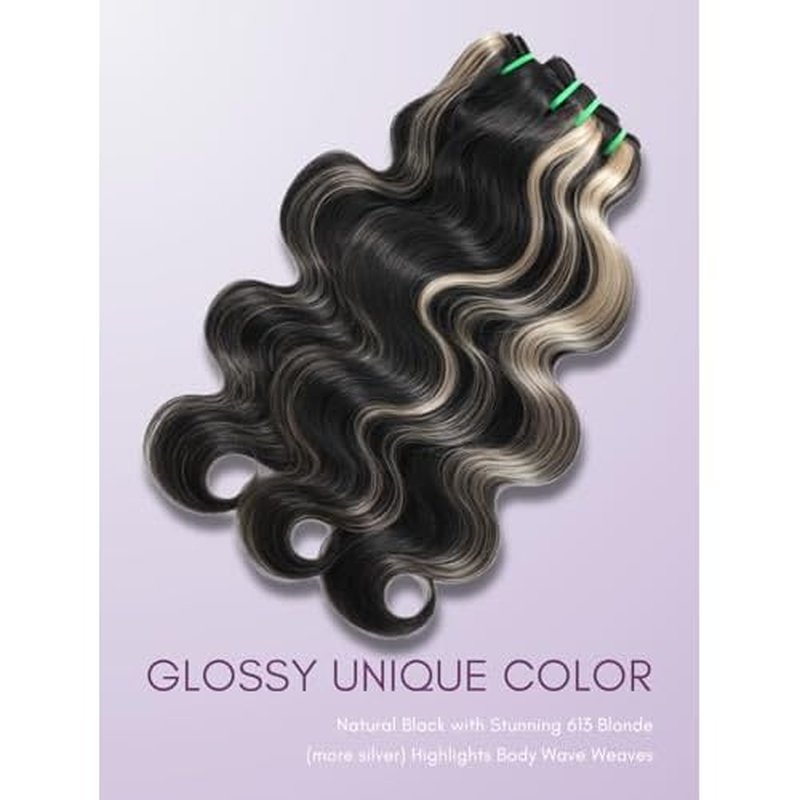 Platinum Blonde Highlight Black Mix Color Bundles Body Wave Human Hair, 100% Brazilian Remy Hair Thick Track Bundles #F1B/613 Ombre Skunk Stripe Balayage More Silver (3 Bundles, 10 12 14 Inch)