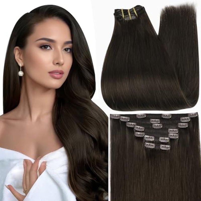 Full Shine Clip in Hair Extensions Dark Brown 24 Inch Real Hair Extensions Clip in Human Hair for Quince 7 Pcs 120 G