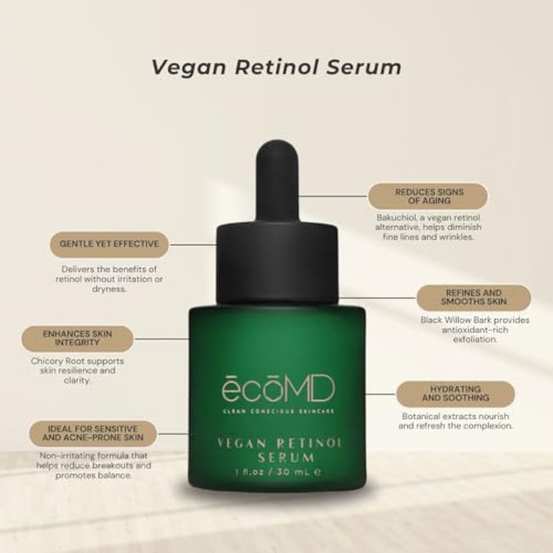 Vegan Retinol Serum, 1 fl oz, Gentle Anti-Aging Face Serum with Bakuchiol for Sensitive Skin, Natural Botanical Formula