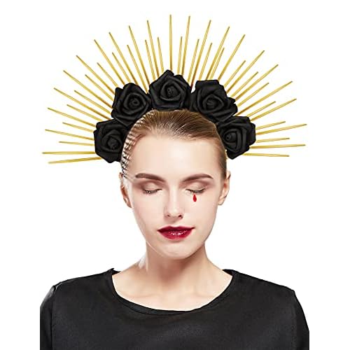 Fantherin Halo Crown with Roses Womens Mexican Flower Goddess Rose Spiked Sun Headpiece for Cosplay Halloween Costume