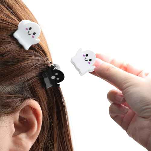8Packs Mini Halloween Christmas Hair Clips,Spooky Cute Ghost Hair Accessories Acrylic Claw Clips Strong Hold Non Slip Hair Decorations for Women Girls (black and white)
