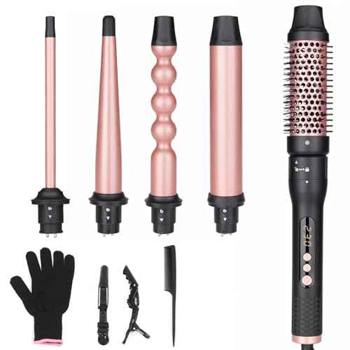5 in 1 Curling Iron Brush Set with Thermal Brush and 4 Interchangeable Ceramic Curling Wand(0.5¡±-1.25¡±), Fast Heating, Dual Voltage, Include Glove