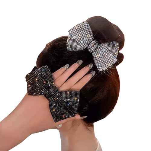 2 Pack Large Rhinestone Bow Scrunchies for Women Girls Shiny Crystal Hairband Ponytail Holders Elastic Hair Ties Hair Accessories (Black)