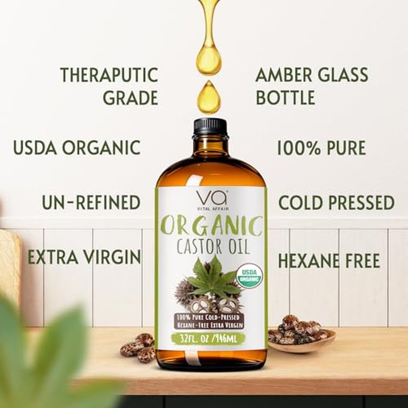 Pure Organic Castor Oil 32oz ? Cold Pressed, Unrefined, USDA Organic ? Glass Bottle for Hair Growth, Eyelashes, Eyebrows, Face & Castor Oil Packs