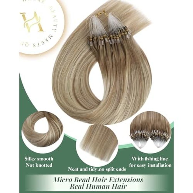 Ugeat Microlink Hair Extensions Ombre for Long Length 24 Inch Balayage Micro Bead Real Human Hair Extensions Light Brown Ombre Platinum Blonde Straight Cold Fusion with Micro Beads 50S 50S