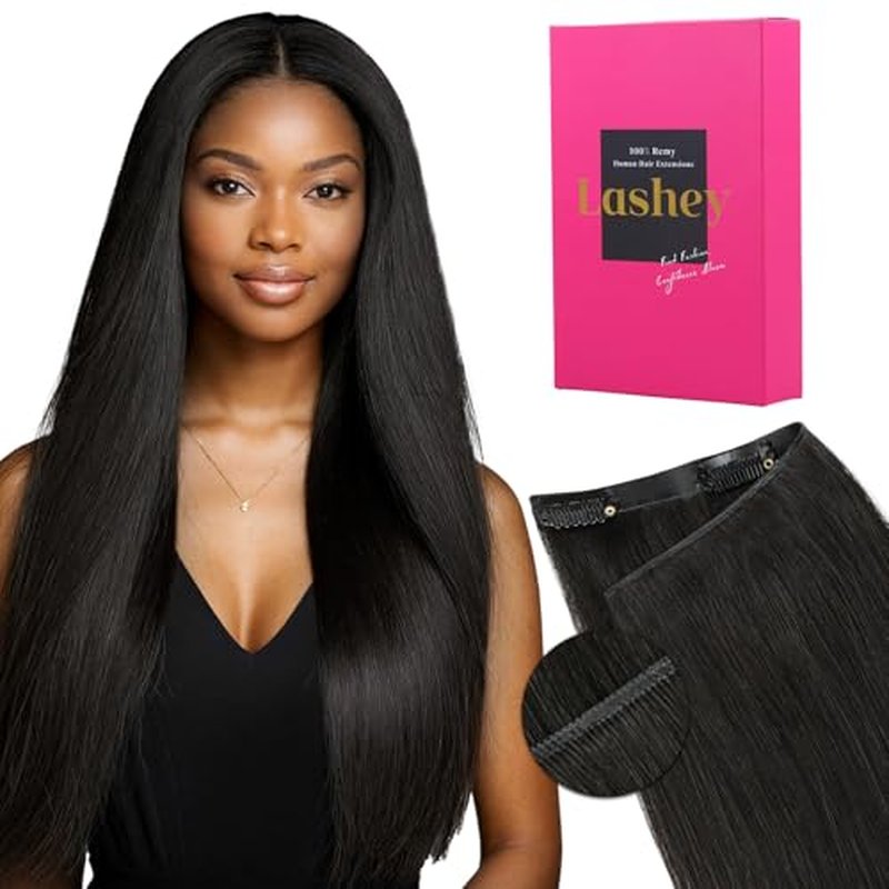 Lashey Genius Weft Seamless Clip in Hair Extensions Real Human Hair Natural Black Straight 16 Inch 7pcs 110g Handmade Thin Weft Clip ins for Women