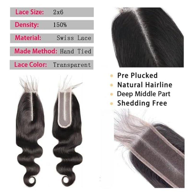 Body Wave Bundles with Closure Human Hair 16-20+2x6 HD Lace Closure 14Inch Brazilian 100% Human Hair Quick Weave Wavy Curly for Women Natural Black