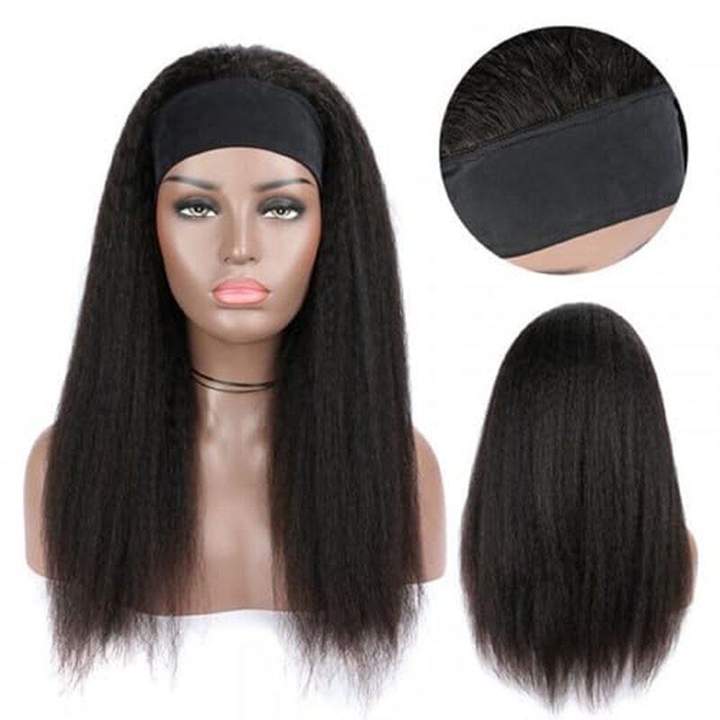 Kinky Straight Human Hair Headband Wigs 24 Inch Glueless None Lace Front Wigs Machine Made Virgin Kinky Straight Human Hair for Black Women 180% Density Natural Color