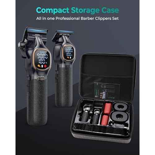 Professional Hair Clippers for Men, Professional Barber Clippers and Trimmer Set, Cordless Hair Clippers for Hair Cutting with Package Case, Powerful 9000 PRM Rechargable Electric (Black)