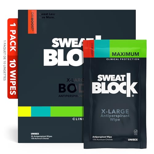 SweatBlock Clinical Strength XL Antiperspirant Body Wipes for Men & Women | Hyperhidrosis Sweat Protection for Hands Feet Underarms & Body | Unscented 10 Pack | Convenient Wipe Format for Targeted Use