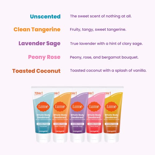 Lume Whole Body Deodorant 5 Pack Sampler - Invisible Cream Minis - 72 Hour Odor Control - Aluminum & Baking Soda Free (Clean Tangerine, Lavender Sage, Peony Rose, Toasted Coconut, Unscented)