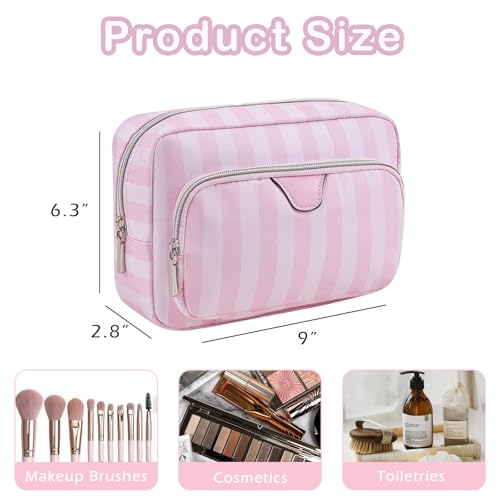 Waterproof Travel Makeup Bag, Aesthetic Nylon Striped Cosmetic Bag£¬Coquette Traveling Toiletry Bag With Zipper, Cosmetic Pouch for Women Purse, Ideal for Women and Girls(02 Compartments)