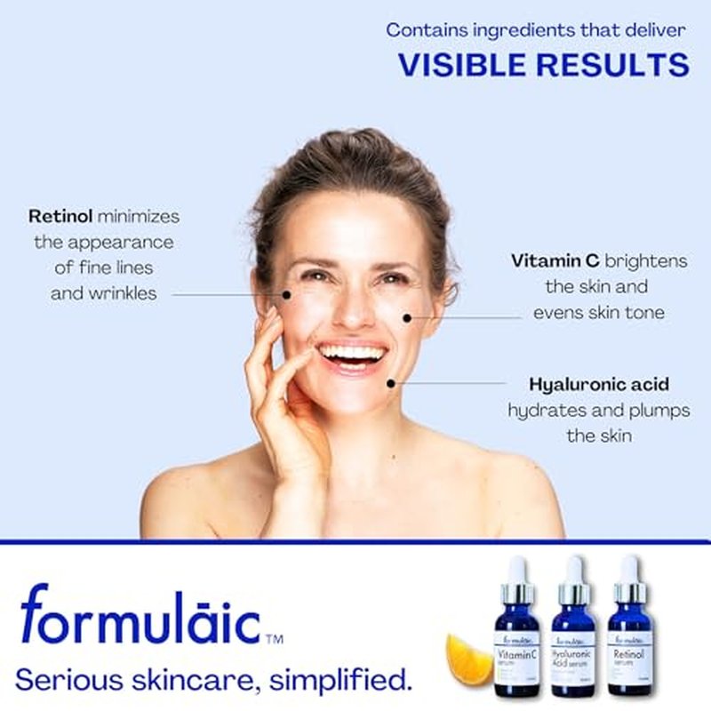 Formulaic¢â Vitamin C, Retinol & Hyaluronic Acid Serums | Hydrates, Revitalizes, and Evens Skintone | Box Set of 3 Face Serums | Perfect Skincare Gift | 3 Fl Oz