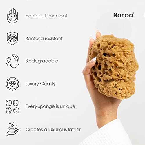 Naroa Massage Natural Shower Sponge Large | Unbleached Body Scrubber Puff | Bath Sea Loofah for Healthy Skin | Sustainable Plastic Free (L)