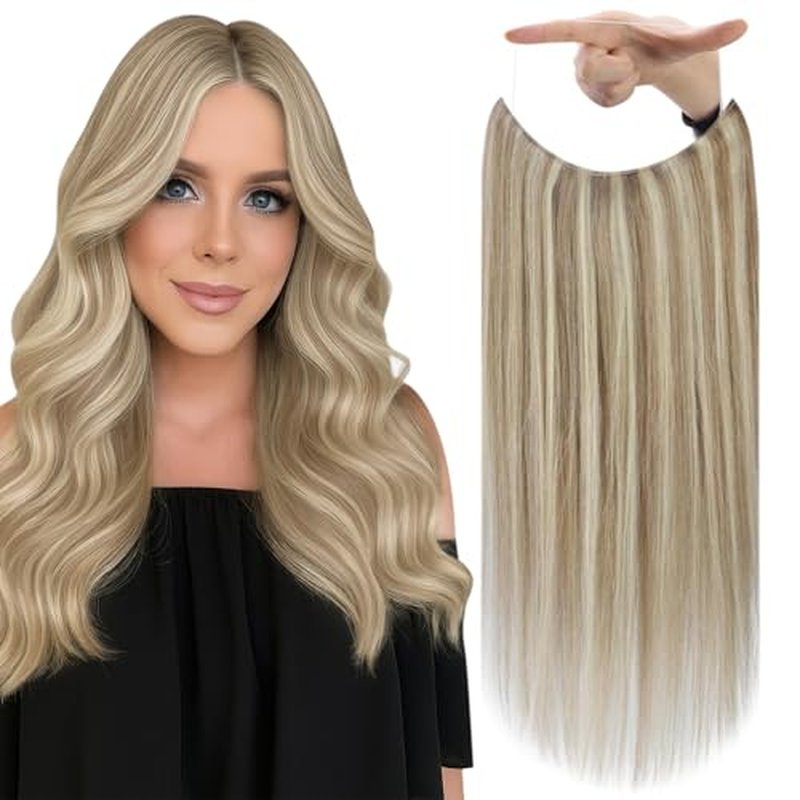 Fshine Wire Hair Extensions Golden Blonde Mix Light Blonde Highlightted 18 Inch Invisible Layered Wire Hair with Transparent Fish Line Straight Hair Clip in Extension 80 G