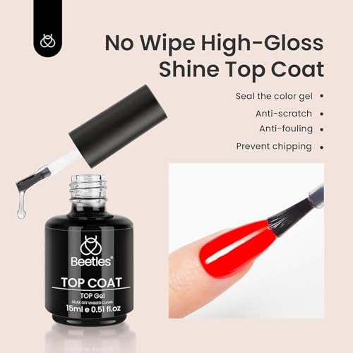 beetles Gel Polish 2Pcs 15ml No Wipe Top Coat Gel Nail Polish High Gloss Shiny Long-Lasting Clear Gel Top Coat, Soak Off Nail Lamp, Christmas Nails Home DIY Manicure and Nail Salon Gifts for Girls