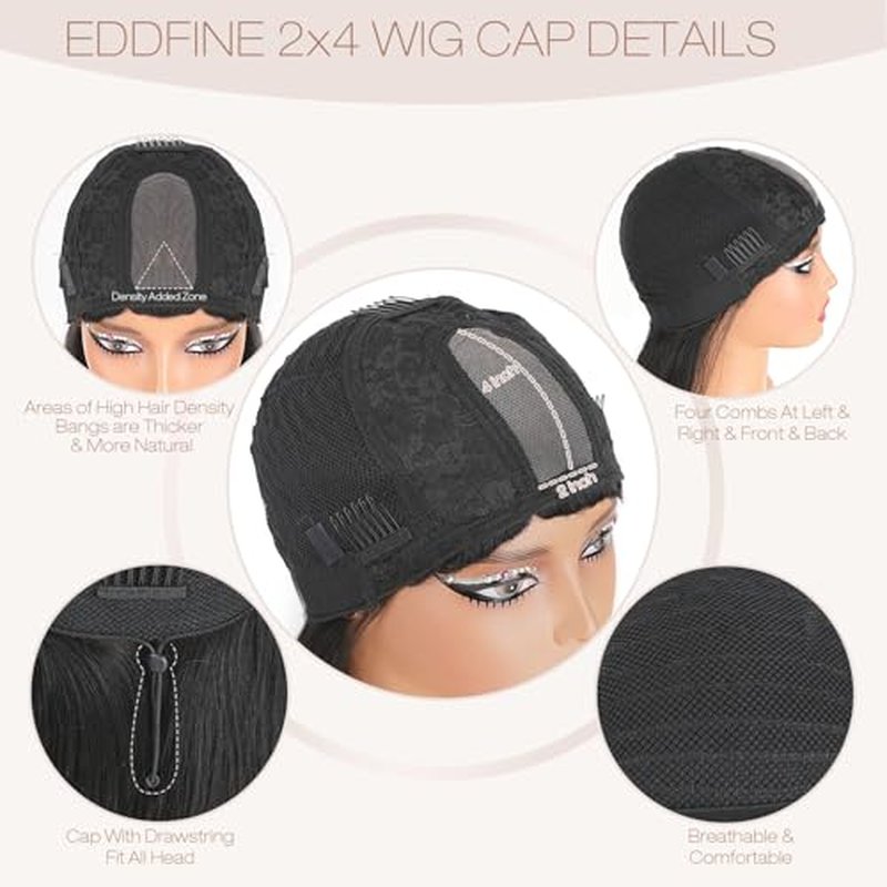 Straight Human Hair Wigs with Bangs 2x4 Lace Closure Wigs Human Hair 180% Density Drawstring Glueless Wigs Human Hair for Women Lace Front Wigs Human Hair Natural Black 18inch.