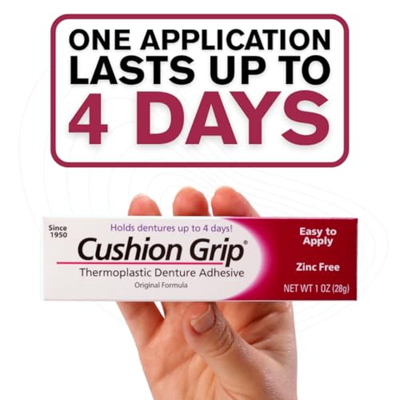 Cushion Grip Thermoplastic Denture Adhesive 1oz (10 Pack)?Extra Strong Hold Up to 4 Days, Unmatched Strength, Waterproof & Zinc Free, Relieves Sore Gums, Comfortable Refit, Long Lasting Denture Refit