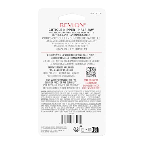 Revlon Half Jaw Cuticle Nipper, Manicure Tool for Nail Care, Hangnail Clipper, For More Precise Trims, Non-Slip Grip, Stainless Steel, 1 Count