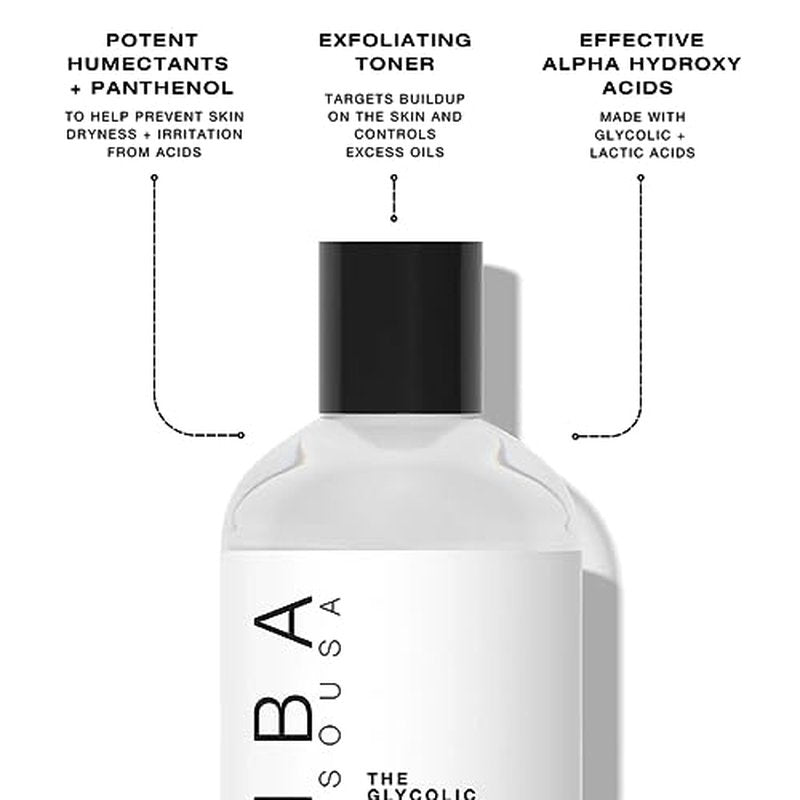 Biba De Sousa The Glycolic Lactic Toner - Exfoliating Toner with AHA, Hyaluronic Acid, and Aloe Vera - Illuminates Skin Complexion Without Excessive Drying (8 oz)