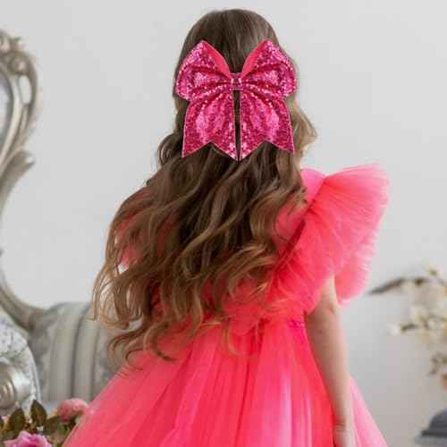 Large Big 7 Inch Glitter Bow Clip Sequin Bling Party Hair Accessories for Women Teens Girls Kids 2 Pcs (HotPink, LightPurple)