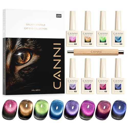 CANNI 8 Pcs 9 ML Cat Eye Gel Nail Polish Set, Red Purple Pink Blue Green Glitter Rainbow Holographic Cat Eye Gel Polish Kit with Magnet Colors Nail Art Manicure Salon DIY Gifts