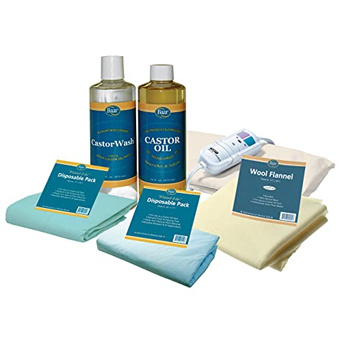 Baar Castor Oil Packs Kit: Heating Pad with Auto Shut Off; Cold Pressed, Cold Processed, Hexane Free, Palma Christi Castor Oil; Reusable, Unbleached Wool Flannel Cloth; & Disposable Castor Oil Packs