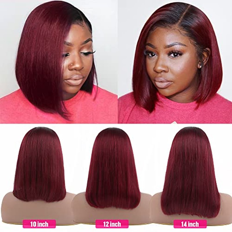 Flady 1B 99j Bob Wig Human Hair 13x4 HD Frontal Lace Wig 150% Density 1B Burgundy Lace Front Wigs Human Hair Pre Plucked Red Frontal Bob wig Short Straight Bob Wigs for Black Women 14 inch