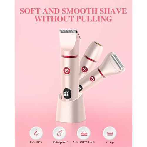 3-in-1 Bikini Trimmer for Women, Electric Razors Shaver for Public Hair - Rechargeable Body Hair Trimmer, Portable Detachable Removal Kit, lPX7 Waterproof Lightweight with LED Display, Gift for Women