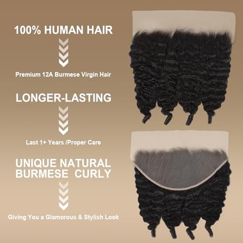 13x6 Lace Frontal Burmese Curly Human Hair 13x6 Frontal Transparent HD Lace Closure Water Wave 100% Real Human Hair Natural Black 18 Inch