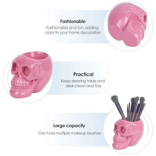Skull Makeup Brush Holder, Skull Pen Holder, Gothic Skulls & Bones Organizer Bathroom Skeleton for Vanity Decor, Office Organizer, Planter (Pink)