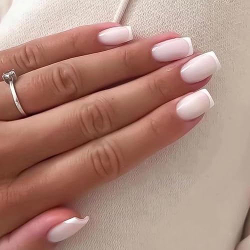 White French Tip Press on Nails Short Square Fake Nails Acrylic Nails Press ons Glossy Reusable False Nails for Women Girls Daily Wear Manicure 24pcs