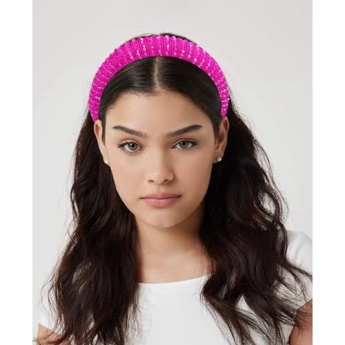 Wecoe 2pcs Pink Rose Red Rhinestone Headbands Women Girls Crystal Beaded Headband Fashion Cute Bling Sparkly Diamond Padded Thick Puffy Headbands Holiday Hair Accessories For Women Girls Gifts