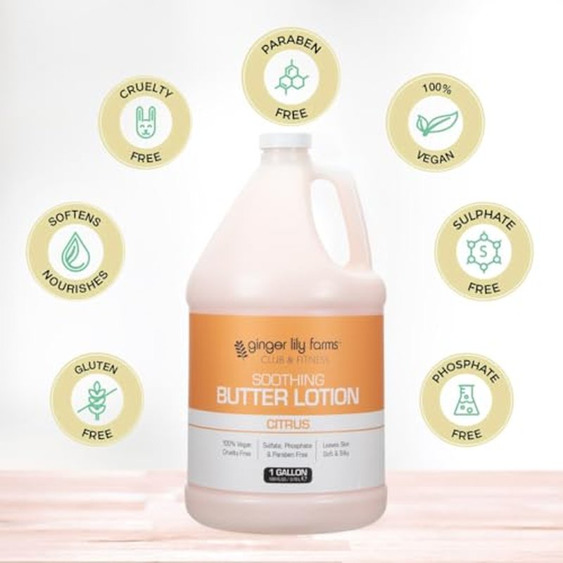 Ginger Lily Farms Club & Fitness Soothing Butter Lotion for Dry Skin, 100% Vegan & Cruelty-Free, Citrus Scent, 1 Gallon (128 fl oz) Refill