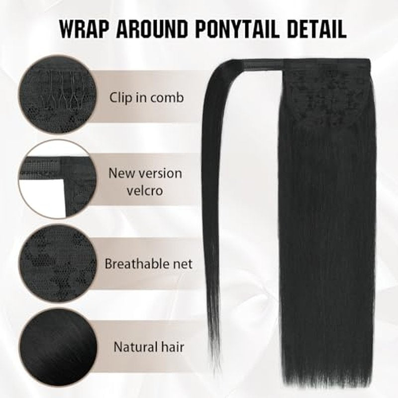 Ponytail Extension Human Hair 20 Inch Natural Black Silky Straight Clip in Pony Tails Hair Extensions Real Hair Wrap Around Ponytail Hair Piece for Girls(20 Inch Natural Black #1B 95G)
