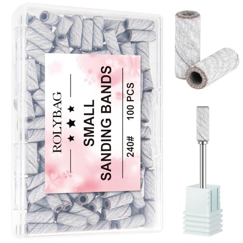 Rolybag 100pcs Small Sanding Bands Nail Drill Bits 240 Extreme Fine Grit Sanding Bands with 3.1mm Mandrel Bits for Acrylic Nails Professional Manicures and Pedicure,Zebra