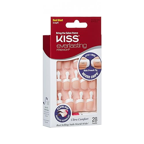 Kiss Everlasting French Nail Manicure, Chip-Free with Flexi-Fit Technology, Real Short, "Endless", Nail Kit with Pink Nail Glue (Net Wt. 2 g / 0.07oz.), Mini File, Manicure Stick, and 28 Fake Nails