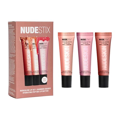 Nudestix NudeGlow Lip Set ? 3-Piece Hydrating Peptide Lip Butter Kit with Glossy Shimmer Tints | Includes Vanilla Sprinkle, Rose Sparkle & Mocha Magic | Clean, Vegan, Plumping Lip Balm Trio