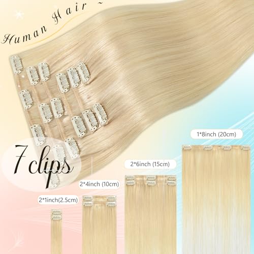 Newfeeling Clip in Hair Extensions Platinum Blonde Hair for women 75g Real Human Hair 15 Inch #60 Soft and Smooth Real Human HairExtensions Clip ins