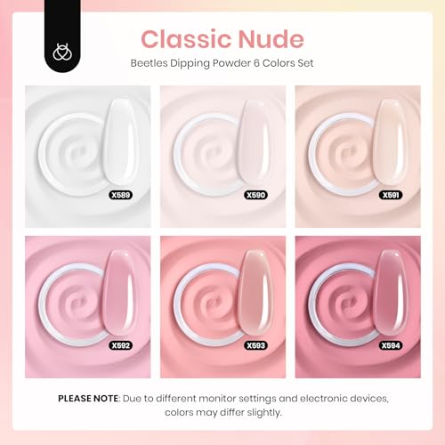 Beetles Dip Powder Nail Kit, 6 Colors Jelly Pink Nude Milky Translucent Powder Dipping Set for All Seasons, Manicure DIY Art at Home, No Need Nail Lamp Cured Gifts for Women