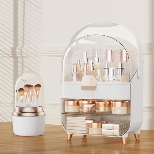 Makeup Organizer, Skincare Organizers With Makeup Brush Holder, Cosmetic Organizer for Countertop,Bathroom, Vanity, Cosmetic Display Cases, Christmas Gifts for Teen Girls (Rose Gold)