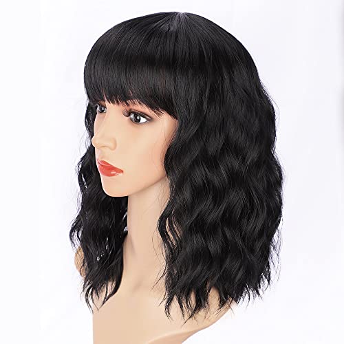 AISI HAIR Bob Curly Wig Synthetic Short Black Wig with Bangs Natural Looking Heat Resistant Fiber Hair for Women