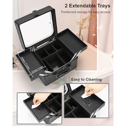 Chomeiu Makeup Bag with Mirror, Travel Train Case Large Cosmetic Organizer with 2 Trays and Vanity Mirror with LED Lights, Brush Holder Storage Box Suitcase for Nail Kits Cosmetics Craft, Black
