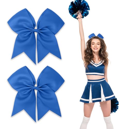 Blue Cheer Bows Set - 8 Inch Hair Bows for Cheerleaders, Ponytail Holders, Ribbons, Softball Hair Ties, and Cheer Accessories