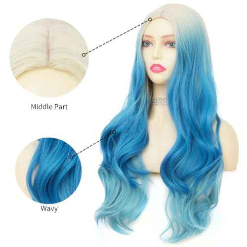 Blonde Blue Long Curly Wigs for Women 26 Inch Wavy Synthetic Middle Part Colourful Hair Wigs for Halloween Cosplay Use