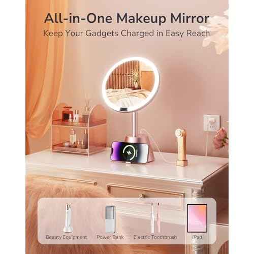 ULG 10X Magnifying Mirror with Light, Lighted Makeup Mirror with Magnification, 2AC + 3USB Charging Station 3 Colors Makeup Mirror Dimming 1500lux Bright Soft Light, Rose Gold