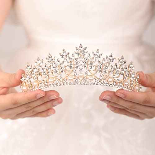 JWICOS Gold Crystal Pearl Tiara Crown for Women Princess Rhinestone Crown Headband for Brides Bridal Wedding Hair Accessories for Brides and Bridesmaid (Gold)