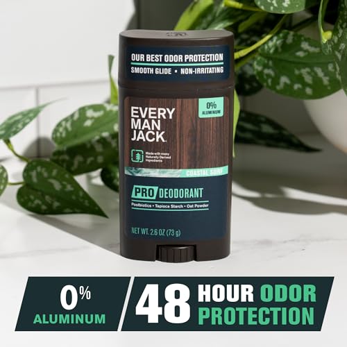 Every Man Jack Men's Pro Deodorant - 48-Hour Odor Defense Blend - Aluminum Free - Contains Postbiotics, Tapioca Stach & Oat Powder - Coastal Surf Scent - 2.6 oz - 1 Pack