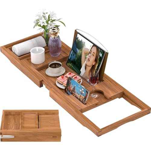 Premium Teak Bathtub Tray Caddy, Expandable Wooden Bath Tray for Tub,Luxury Bathroom Accessories,Great House Warming, Anniversary & Wedding and Birthday Gifts